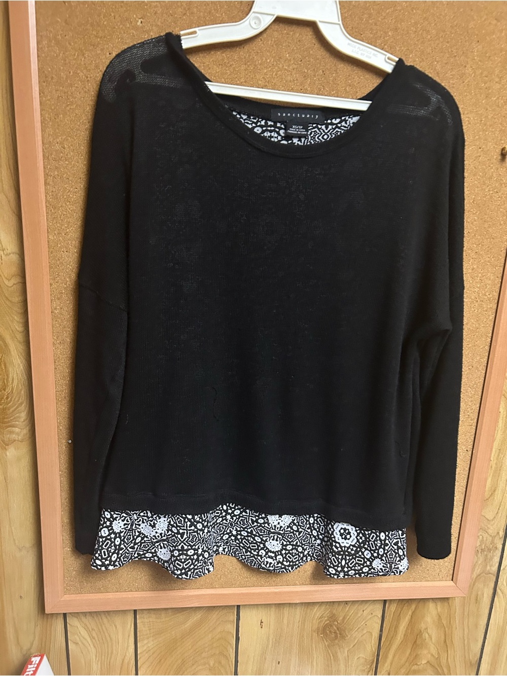 Sanctuary Black Sweater Top with Printed Hem